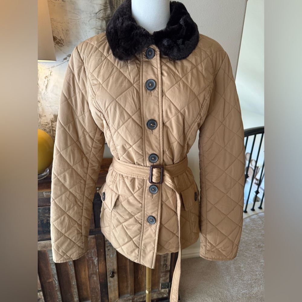 Tommy Hilfiger Tan Quilted Jacket with Brown Faux Fur Collar - size L